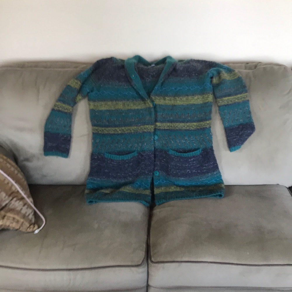Beautiful J Jill Scoat ( sweater coat ) in teal great, navy , green and gray.